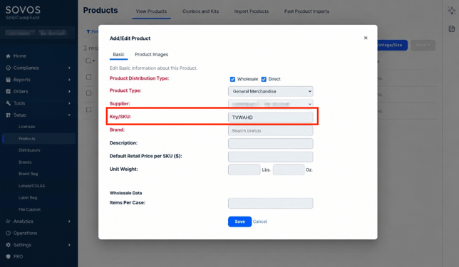 SOVOS Product Edit Modal